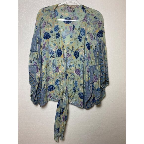 Lola P. Floral Kimono Blouse With Tie Waist XL Light Floral Boho Peasant Hippie - Picture 1 of 3